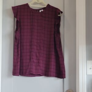 Elle Plum Grid Print Flutter Sleeve Blouse